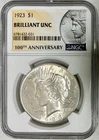 1923 Silver Peace Dollar, NGC Brilliant Uncirculated, 100th Anniversary Slab