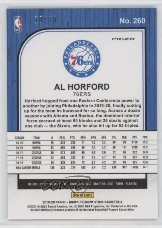2019-20 Panini NBA Hoops Premium Stock Gold Flash Prizm /10 Al Horford #260 - Image 2 of 2