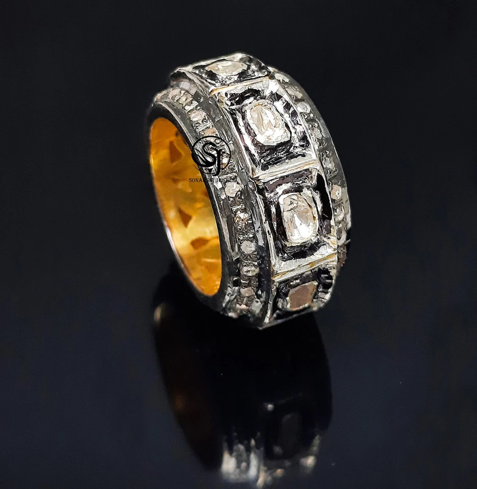 Handmade Polki Diamond & Fine Silver Wedding Band Ring - Image 2 of 4