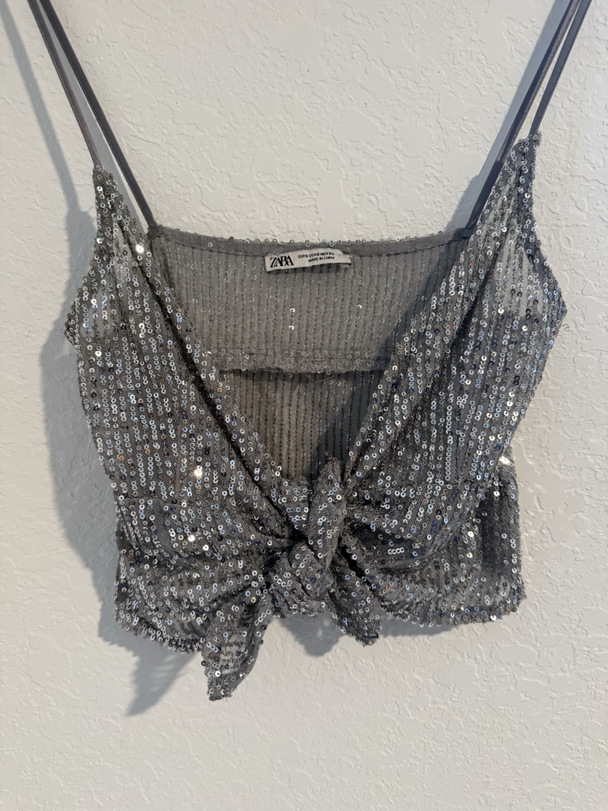 Zara Silver Sequin Tie Front Cropped Sleeveless Tank Top Size S