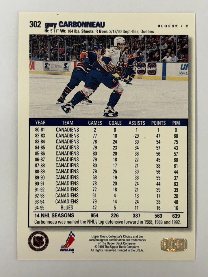 Guy Carbonneau 1995-96 Collector's Choice Platinum Player's Club #302 - Image 2 of 2
