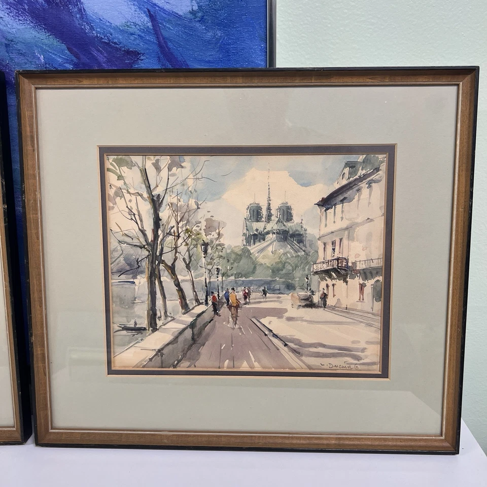 Pair Original MCM Paris scene watercolor by Lucien Ducuing (French 1896-1958) - Image 2 of 4