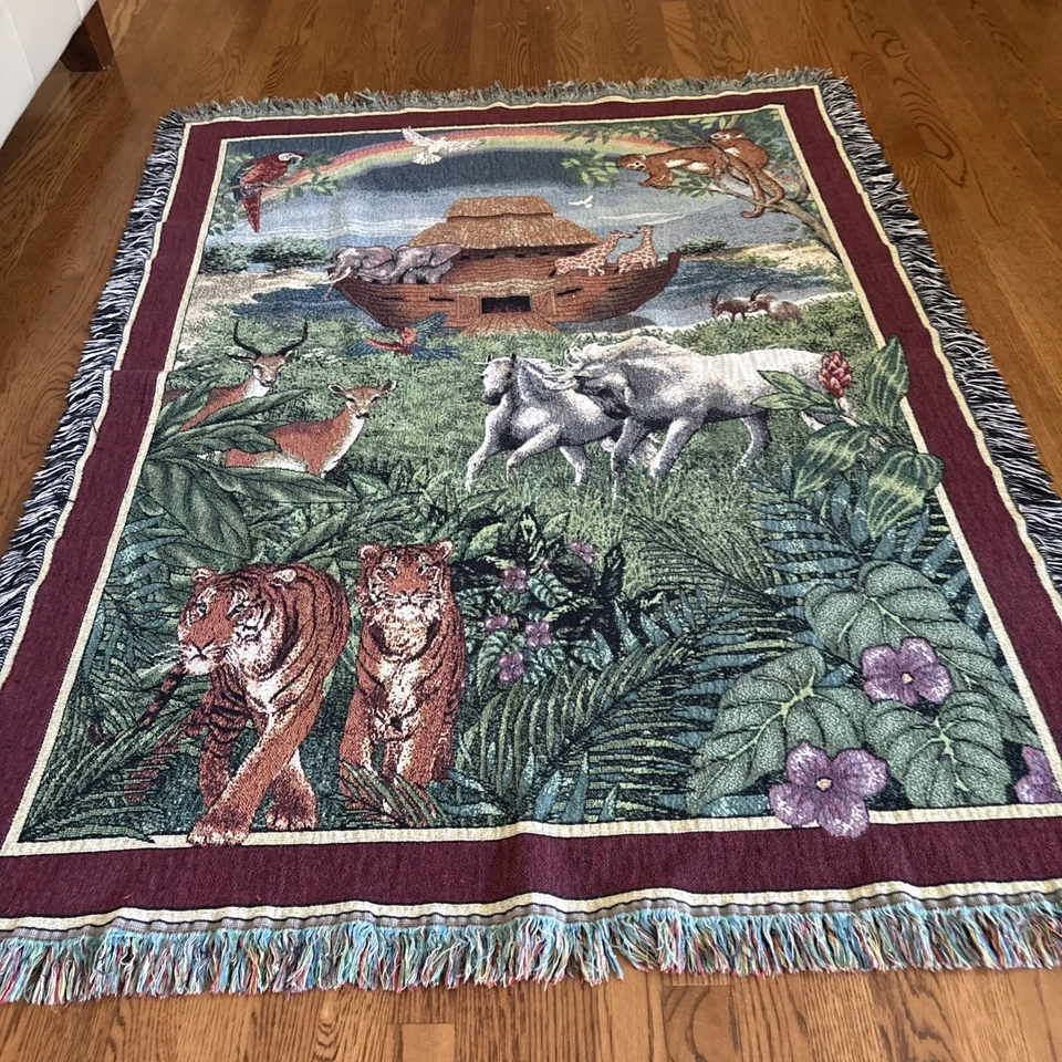 Manta tejida tapiz arca de Noé vintage 48" x 63" Foto 3 de 4