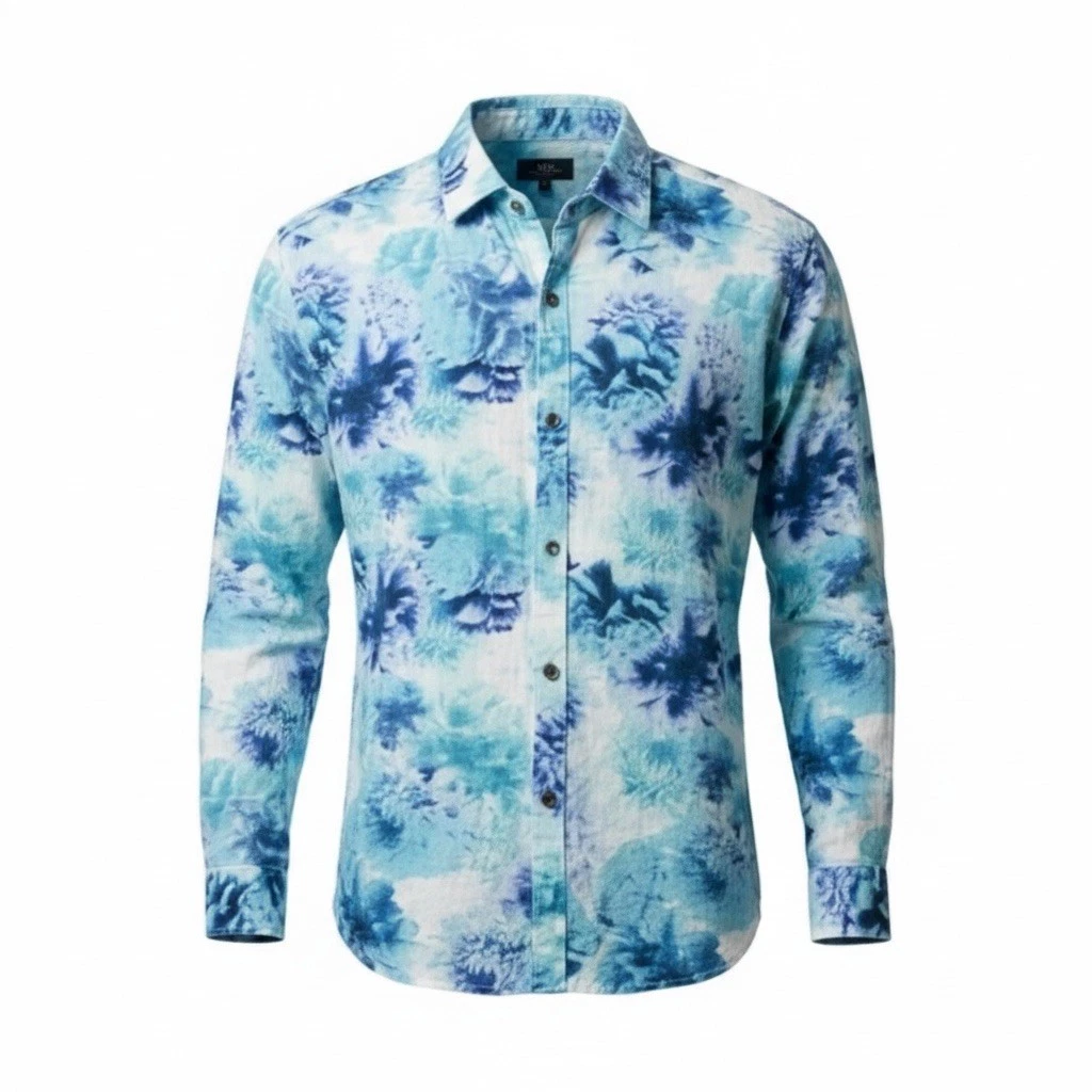 INC Men Blue Floral Linen-Blend Shirt - Casual Button-Up Size L