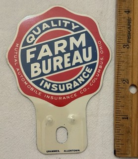 ANTIQUE FARM BUREAU COLUMBUS OHIO CAR AUTO LICENSE PLATE TOPPER EMBLEM LOGO