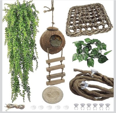 9pc Crested Gecko Coconut Hut, Lizard Coco Den with Ladder and Reptile Set