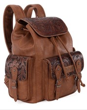 WRANGLER Montana West Backpack Floral Western Buckles Tooled Travel Bag BROWN