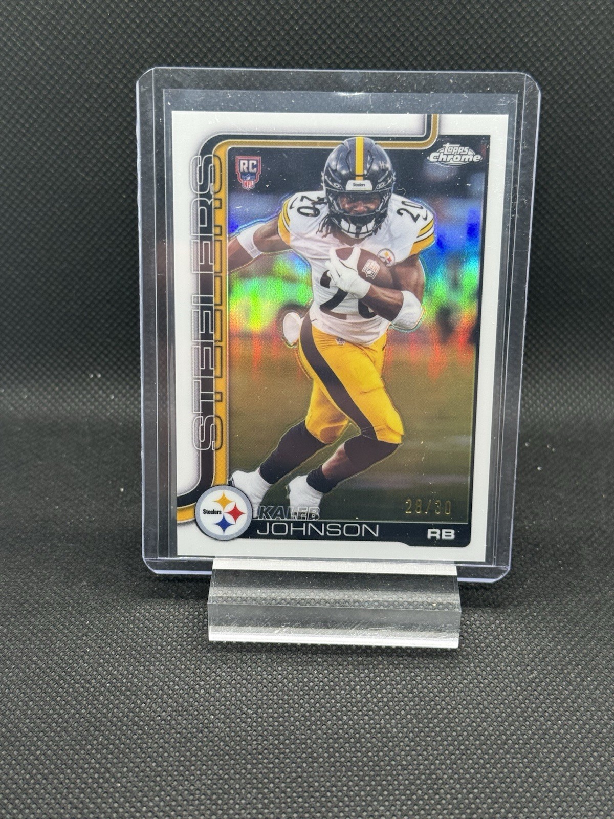 2025 Topps Chrome Kaleb Johnson RC White Refractor /30 #323 Rookie SSP Steelers
