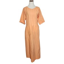 Vince Pleated Shift Dress Sz L Linen Cotton Orange Sunset Boat Neck Short Sleeve