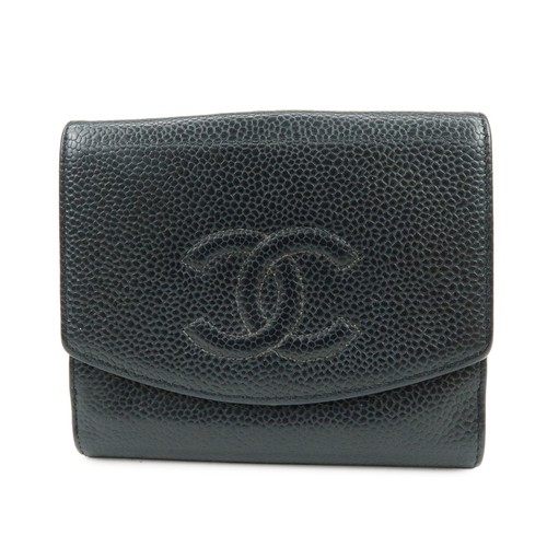 CHANEL COCO Mark Caviarskin Compact Bi-fold Wallet Black Authentic Used F/S