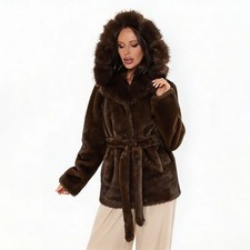 Women s Hooded Vegan Fur Coat Brown Belted Warm Plush Winter Jacket