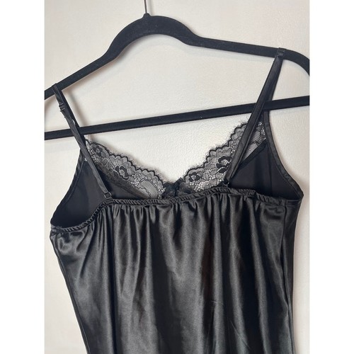 Camicia da notte nera con orlo in pizzo raso donna media sexy mini abito slip - Foto 6 di 11