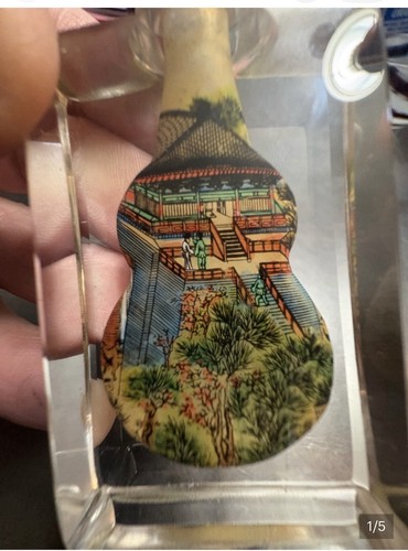 Chinese Painted Glass Snuff Bottle, Scenic Landscape Scene, Blue Stopper