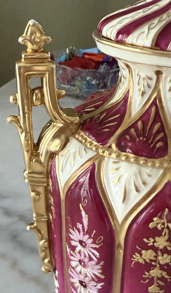 Antique RW Rudolstadt Germany Porcelain Urn Vase Hand Painted Floral Gold 14” - Image 4 of 4