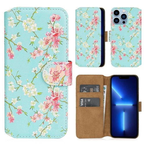 iPhone 13 Pro Wallet Case PU Leather Card Slots Magnetic Stand – Spring Blue