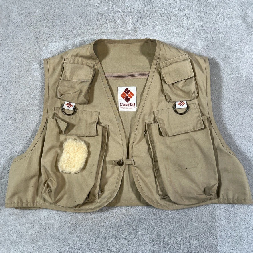 Vintage Colombia Fishing Vest Tan Canvas Utility Pocket Outdoor 80s Size M/L