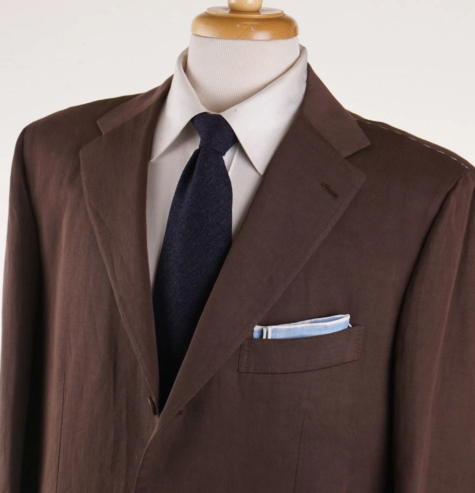 NUEVO CON ETIQUETAS $7295 KITON Traje de sarga marrón chocolate lino-algodón 44 R (UE 54) ajuste moderno Foto 2 de 4