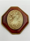Large Apple Juice Carved Bakelite & Celluloid Cameo Pendant Vintage Jewelry