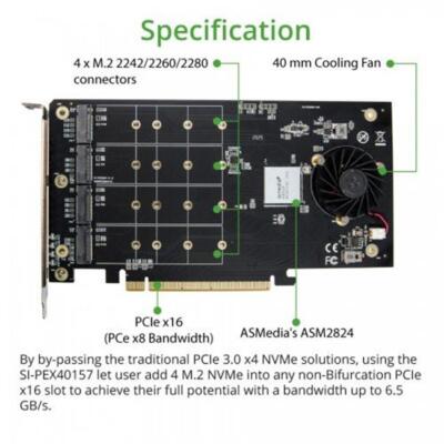 IO Crest SI-PEX40157 QUAD M.2 NVMe Ports to PCIe 3.0 x16 Interface x8 Bandwid...