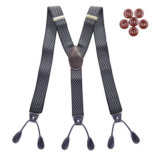 Men's 6 Button Hole Wide Elastic Suspenders Leather 35mm Trousers Braces Belt - Picture 32 of 41