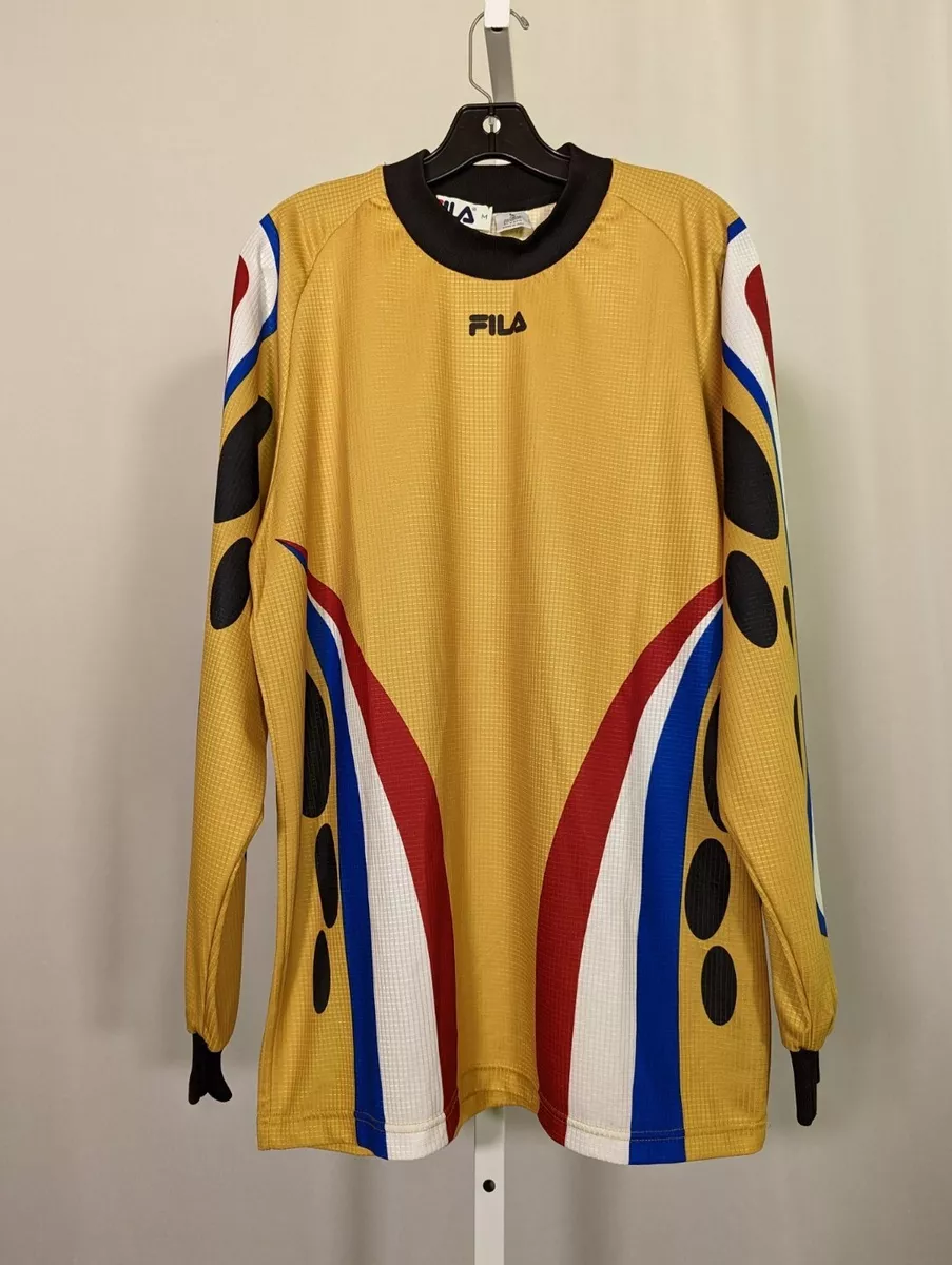 Vintage 90s Fila Gold LS Soccer Jersey Abstract Design Rave Dance
