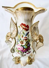 ANTIQUE FRENCH VIEUX PARIS HAND-PAINTED FLORAL GOLD GILT PORCELAIN VASE 14" T