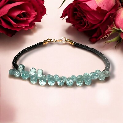 Natural Black Spinel and Apatite Stacking Bracelet Solid 14K Yellow Gold