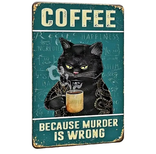 "Vintage Coffee Black Cat Metal Wall Decor Sign 9x11.8" Retro Kitchen Art"