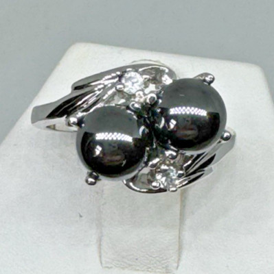Vintage SETA Sterling Bypass Ring Black Pearls Cz's Size 8 NOS