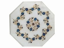 12" Marble Table Top Semi Precious Stone Floral Inlay Marquetry Work 