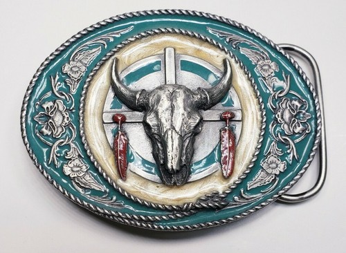 1991 De colección hebilla de cinturón Siskiyou calavera ovalada con cuernos plumas D-5