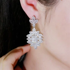 Sparkly Silver Plated Leaf Chandelier Dangle Drop Zircon Wedding Bridal Earrings