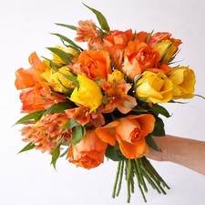 Letterbox Flowers Orange Yellow Bouquet Roses Alstroemeria Fresh Cut UK Delivery