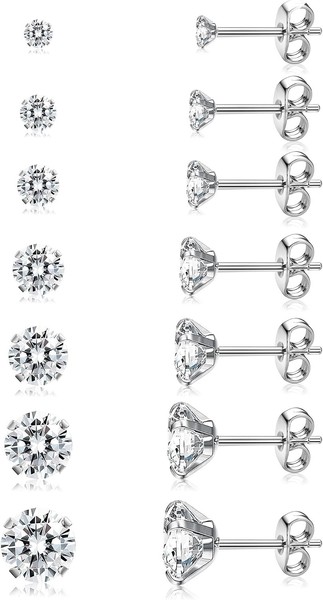 Ohrstecker Set 7 Paare Chirurgenstahl Hypoallergen Silber Cubic Zirkonia 2-8Mm-image