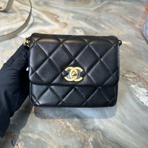 Chanel 21B Mini Square Fat Flap Black Lambskin Crossbody Shoulder Bag Duty Paid