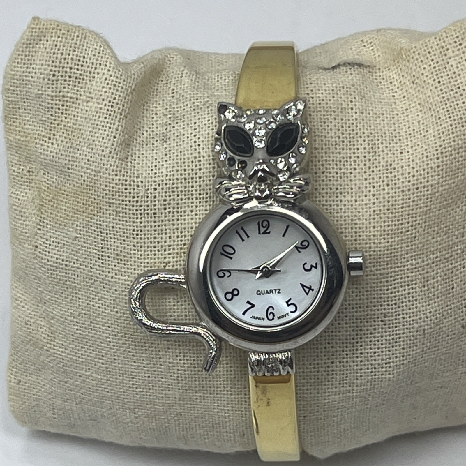 Avon Gold Cat Bangle Watch Silver Case White Face Black Eyes Easy Read