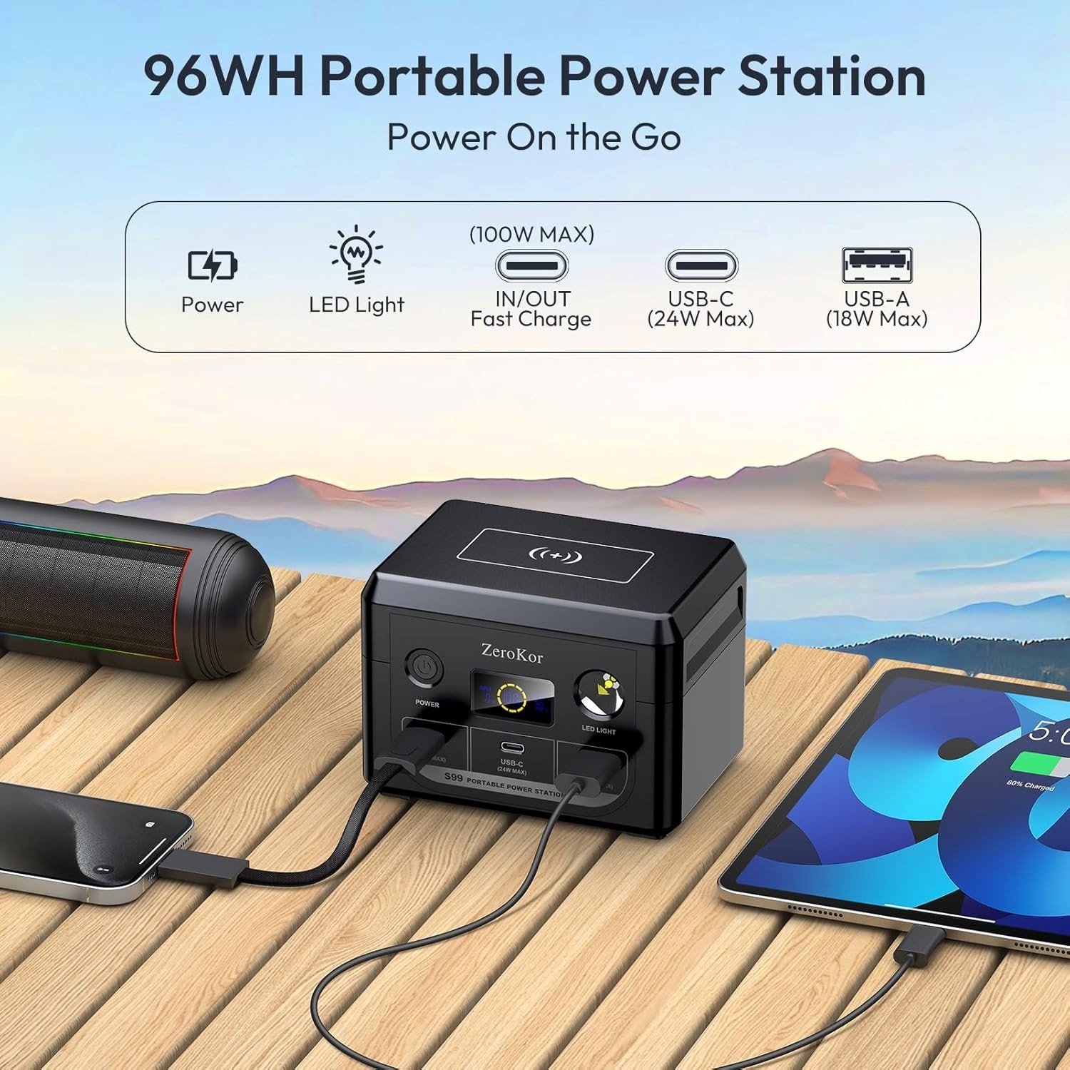 100W Portable Power Station, 96Wh Small Generator 30000mAh