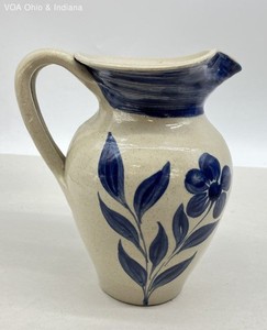 Williamsburg Pottery Stoneware Pitcher Blue Floral Hand Painted 2004 9 Inch