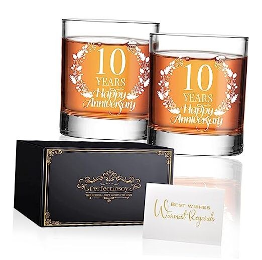 10th Anniversary Whiskey Glass Gift Set for Wedding Couple