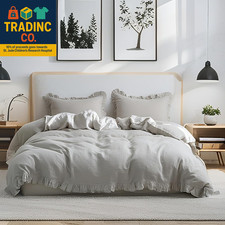 100 Linen Duvet Cover Set, 3 PCS Natural French Flax Light Grey Ruffle Duvet Co