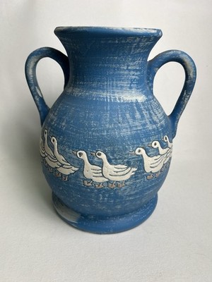 Rustikale Vintage blaue Studiokeramik Vase Ente Gans, Doppelgriff Crackle Glasur