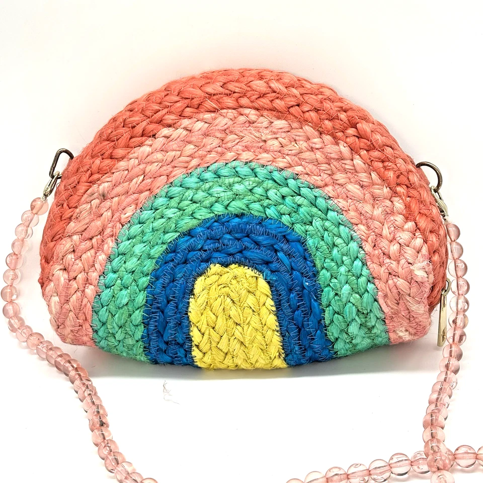 J Crew Crewcuts Niñas Arco Iris Rafia Tejido Cartera Con Cuentas Correa Bolso de Paja Verano Foto 3 de 4