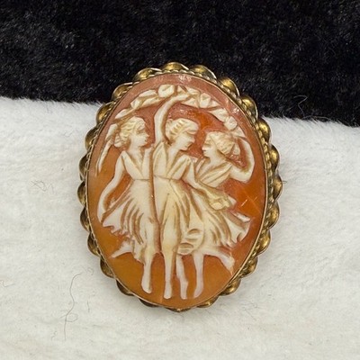 Vintage Cameo Brooch Three Graces Shell Gold Tone Pendant Bale
