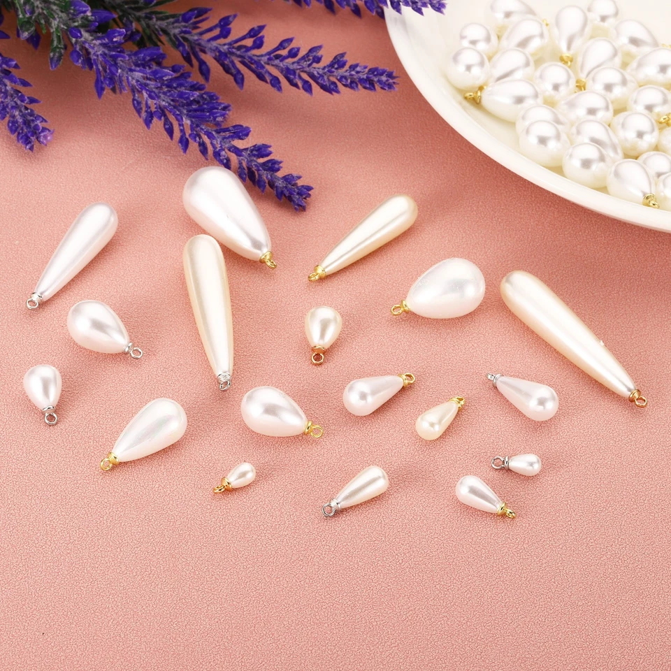 50Pcs 16x8mm Pearl Charm Pearl Beads Teardrop Pendant with Loop Silvery - Image 4 of 4
