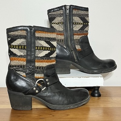 Born Panarea Southwestern Wool Black Leather Zip-Up Chunky Heel Boots Womens 9