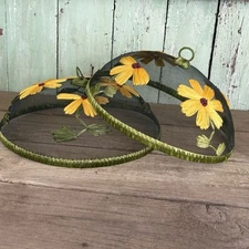 SET OF 2 VTG PICNIC DOME COVER FOOD SCREENS with SEAGRASS YELLOW FLOWERS MOTIF