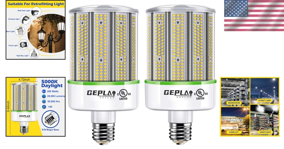 2-Pack 200W E39 LED Corn Light Bulb with 28000 Lumens Brightness for Large Areas - Image 2 of 4