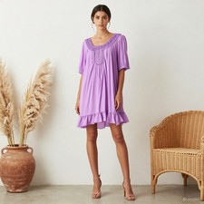 Boho Cottage Mini Dress Purple Cotton Shift Short Sleeve Embroidered XXL