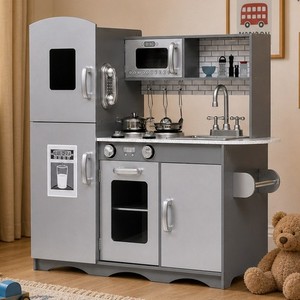 Toy Role Play Kitchen Wooden Kids Pretend With Cooking Accessories Set Gift Grey