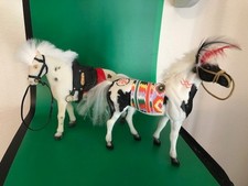 2 Vintage Flocked Plastic Horses w/ Saddle Bridle Figures Toys White Black